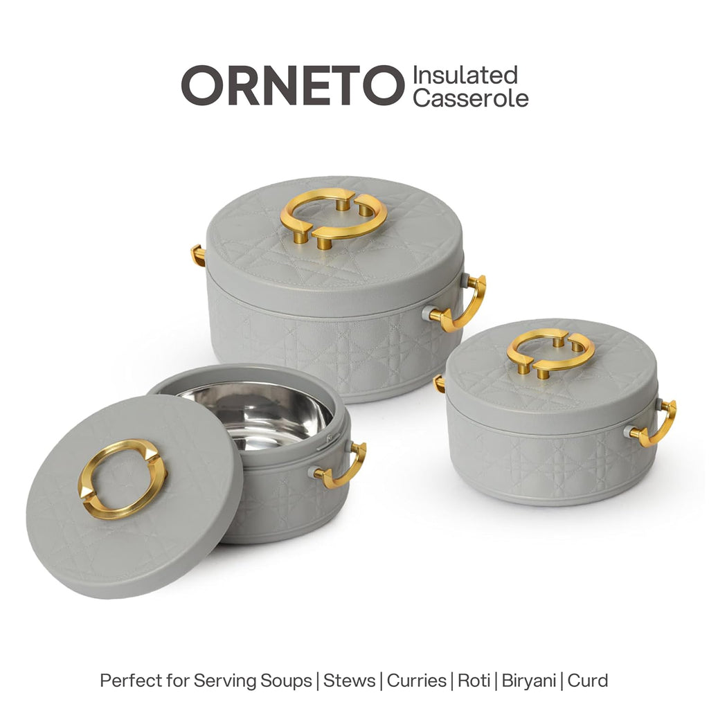 CELLO Ornetto Big Set of 3 Pcs Insulated Steel Casserole Hot Box for Kitchen, Grey (1500ml, 2000ml, 2500ml) |