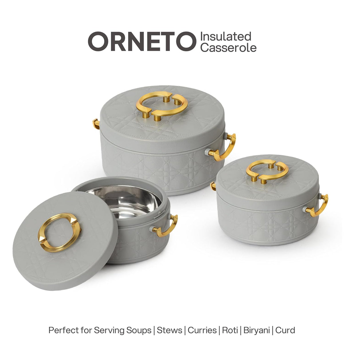 CELLO Ornetto Big Set of 3 Pcs Insulated Steel Casserole Hot Box for Kitchen, Grey (1500ml, 2000ml, 2500ml) |