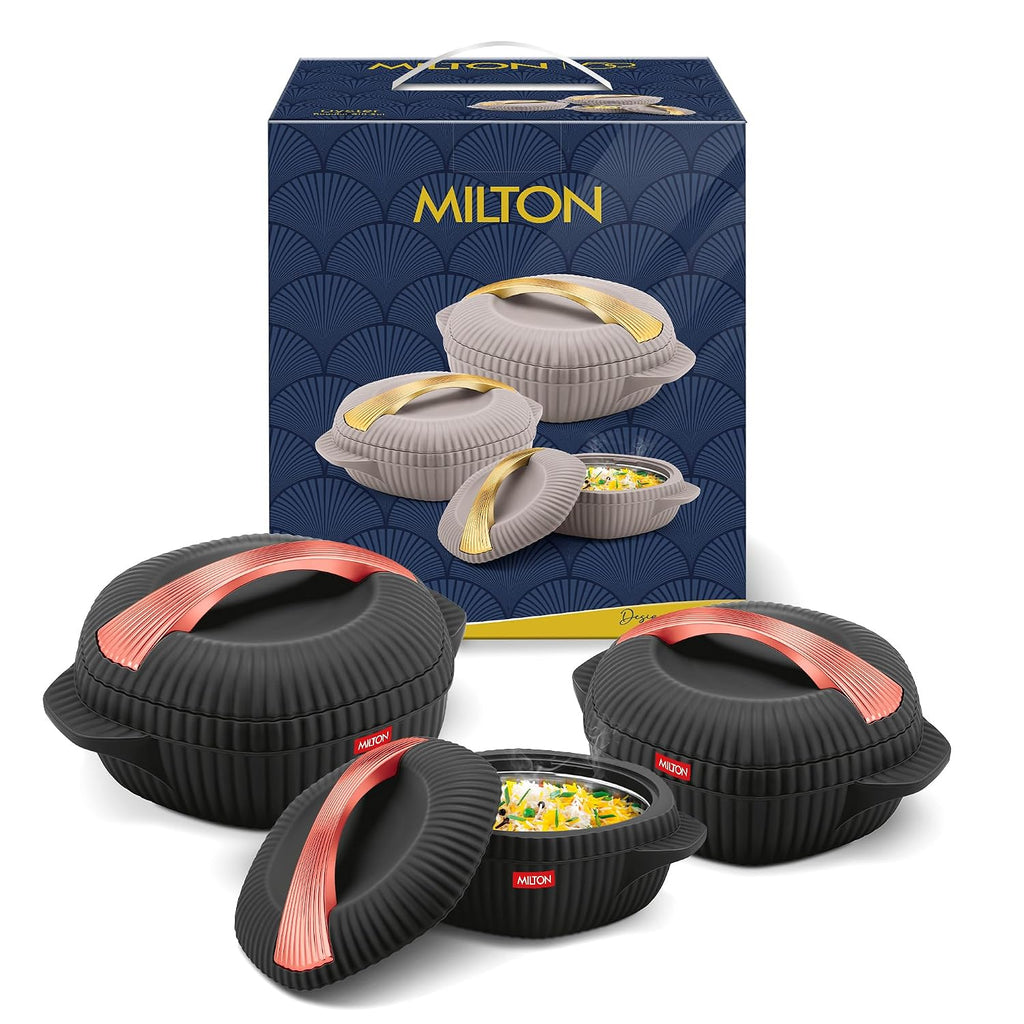 MILTON Oyster Reg. Gift Set PU Insulated Inner Stainless Steel Casserole,Set of 3 (860 ml,1275 ml,1910 ml),Black