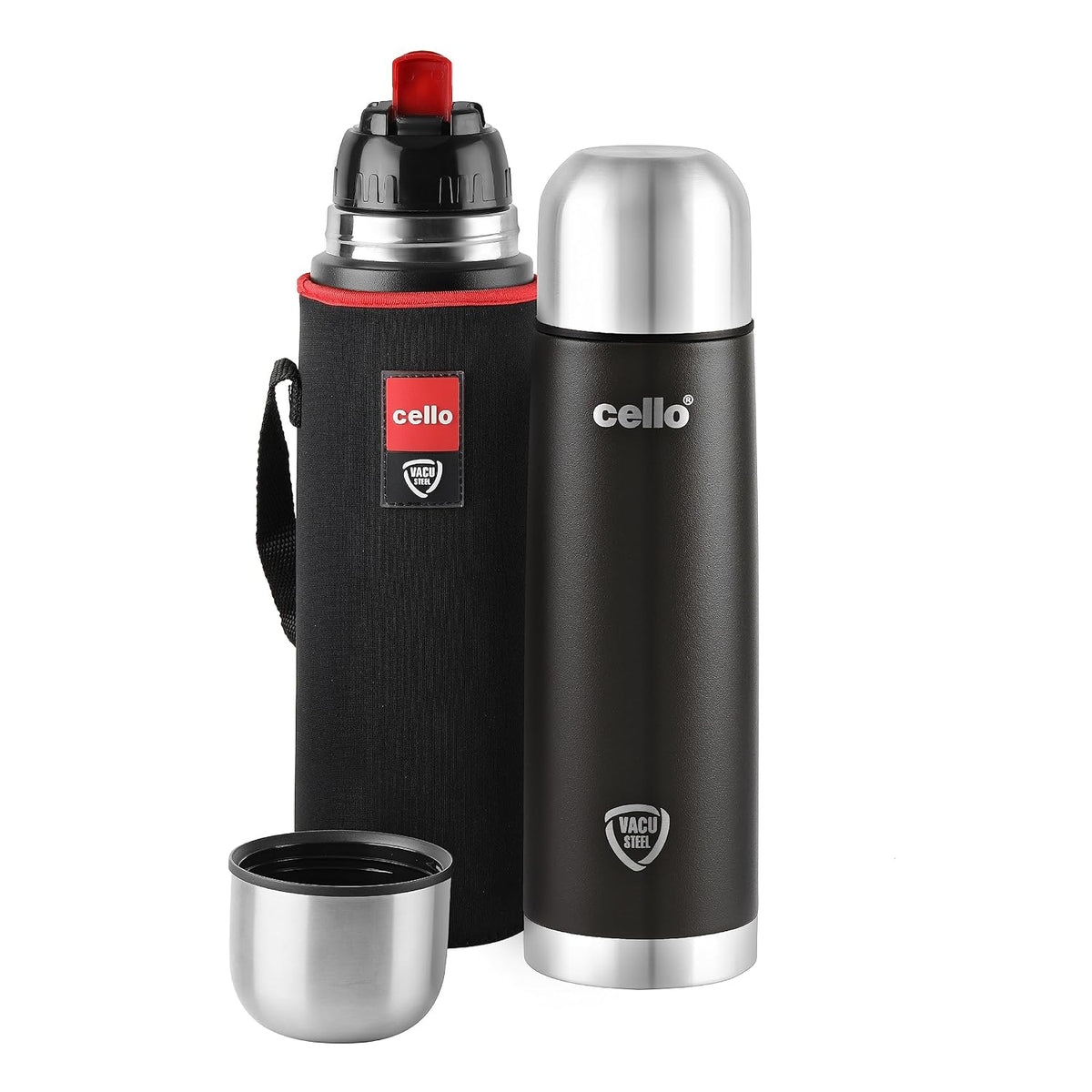 CELLO Duro Flip Stainless Steel Hot & Cold Flip Lid Flask with Jacket 1000 ml Black | Double Wall Vacuum Insulated Rust & Scratch Resistant Leakproof Thermosteel Flask Water Bottle For Office & Travel