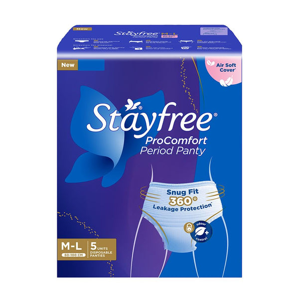 Stayfree ProComfort Period Panty for Women | Disposable Period Pants Pack of 5, M - L | Air Soft Cover | 360° Leakage Protection for Heavy Flow| Snug Fit | Odour Control