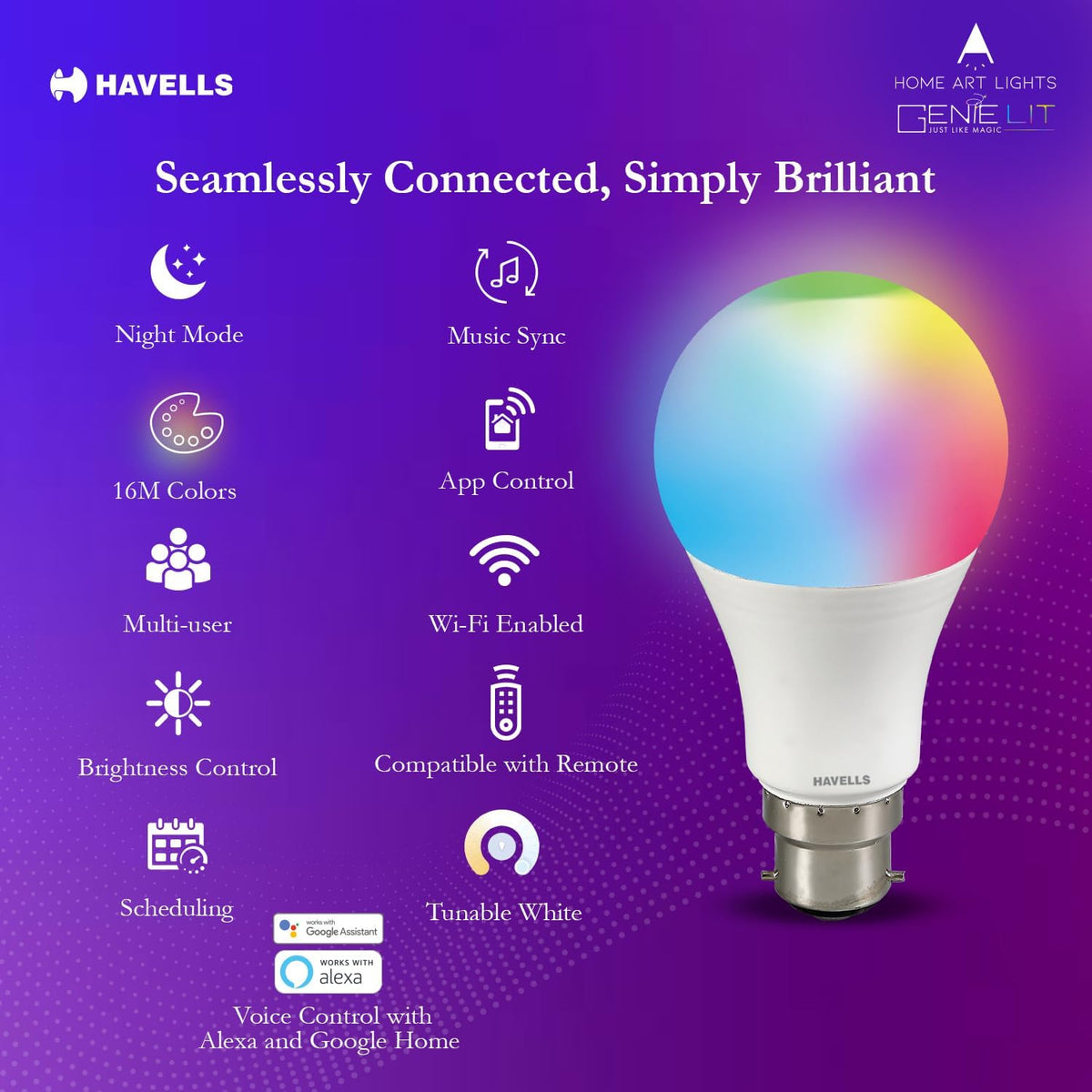 Havells Glamax 12W B22 WiFi LED Smart Bulb with Music Sync Function, Compatible with Amazon Alexa and Google Assistant (16M Colours) (Pack of 2)