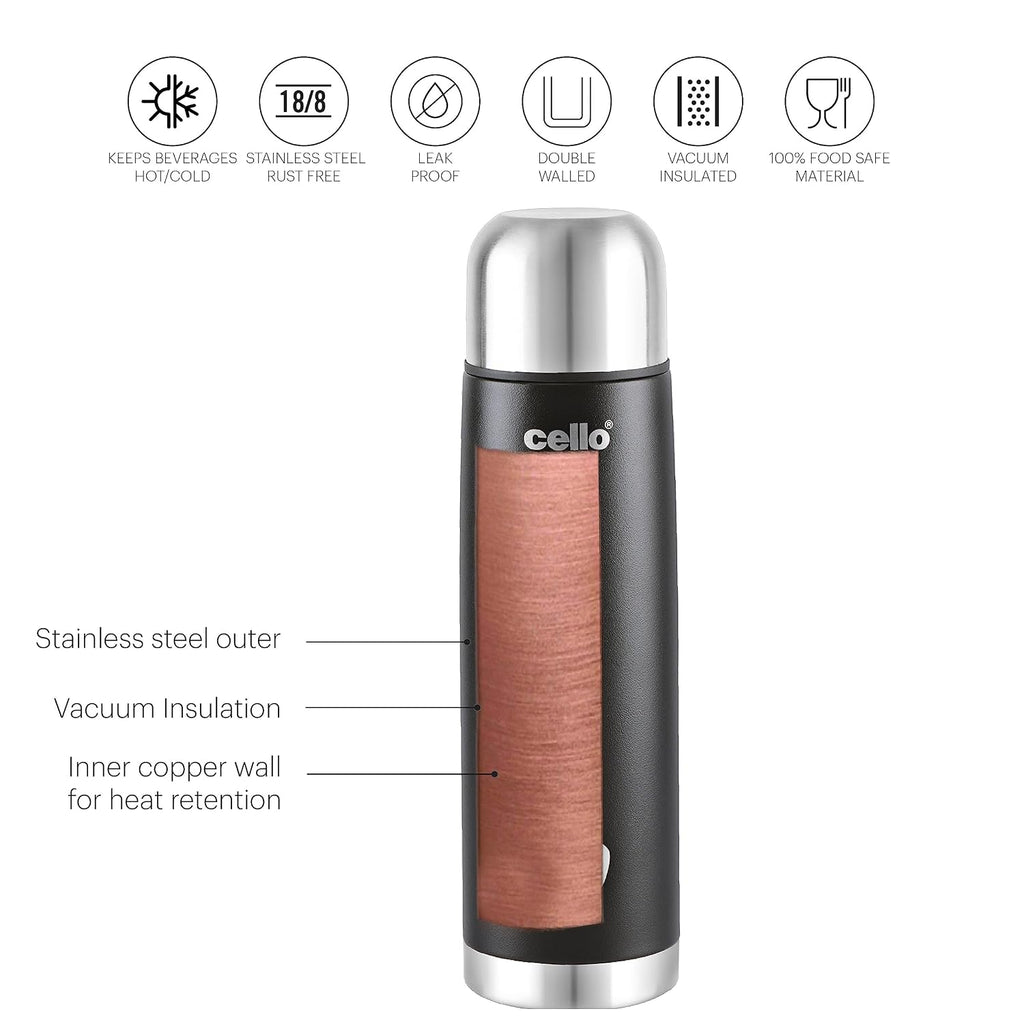 CELLO Duro Flip Stainless Steel Hot & Cold Flip Lid Flask with Jacket 1000 ml Black | Double Wall Vacuum Insulated Rust & Scratch Resistant Leakproof Thermosteel Flask Water Bottle For Office & Travel