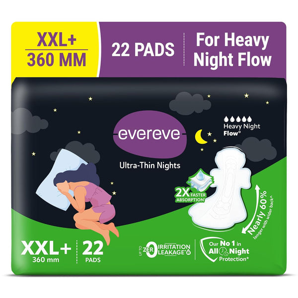Evereve Ultra-Thin Nights Sanitary Pads for Women, XXL+ 360mm, 22 Pads, 60% Longer & Wider Back, Soft & Breathable, Rash-Free Comfort, 2X Faster Absorption, Dry Feel Protection, Heavy Flow Night Use