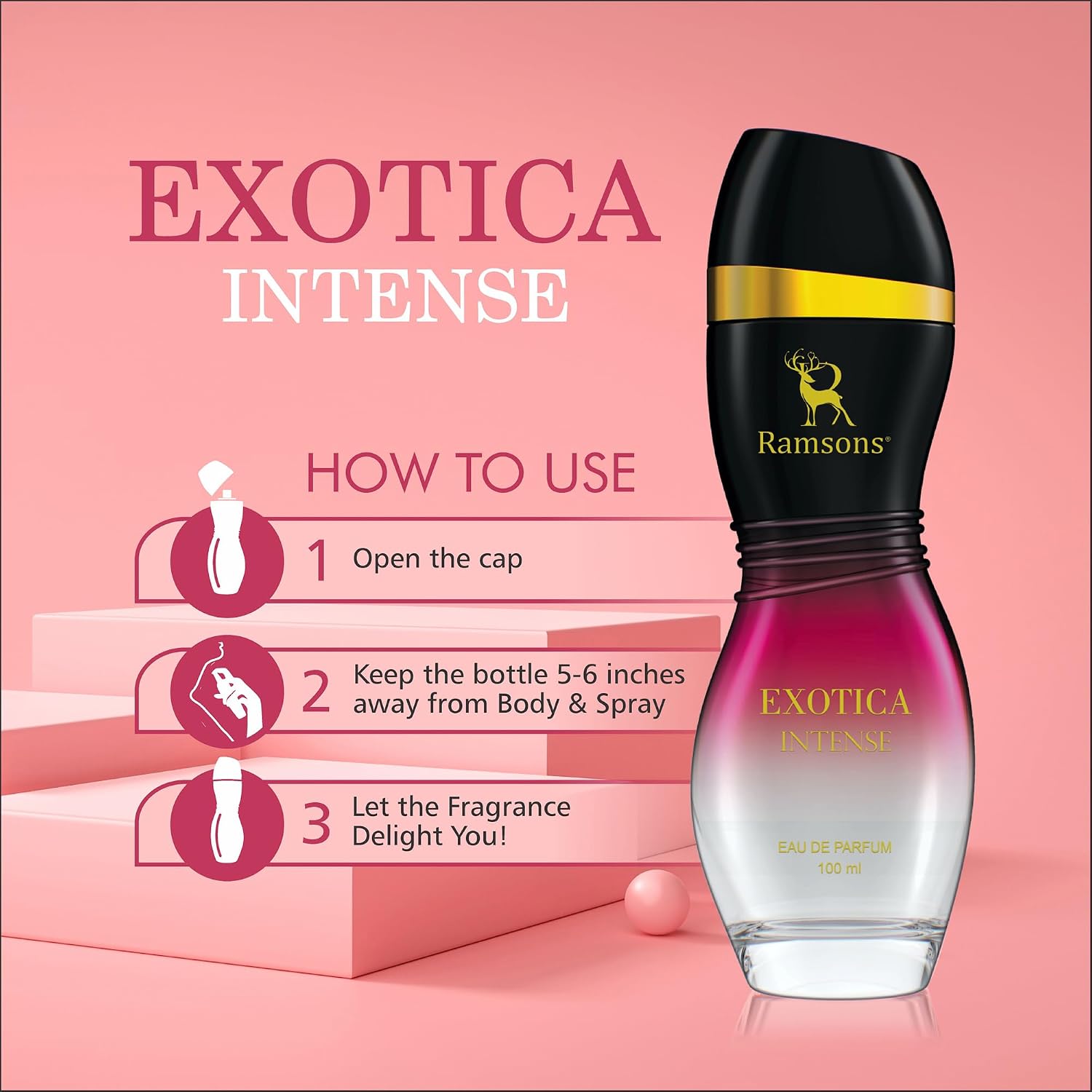 Ramsons - EXOTICA INTENSE Eau De Parfum |100 ML | Perfume for Women | TN - Sweet, Plum, Peach, Orange Blossom, Leafy Green | MN - Honey, Jasmine, Muget, Rose | BN - Amber, woody, Vanilla, Musk