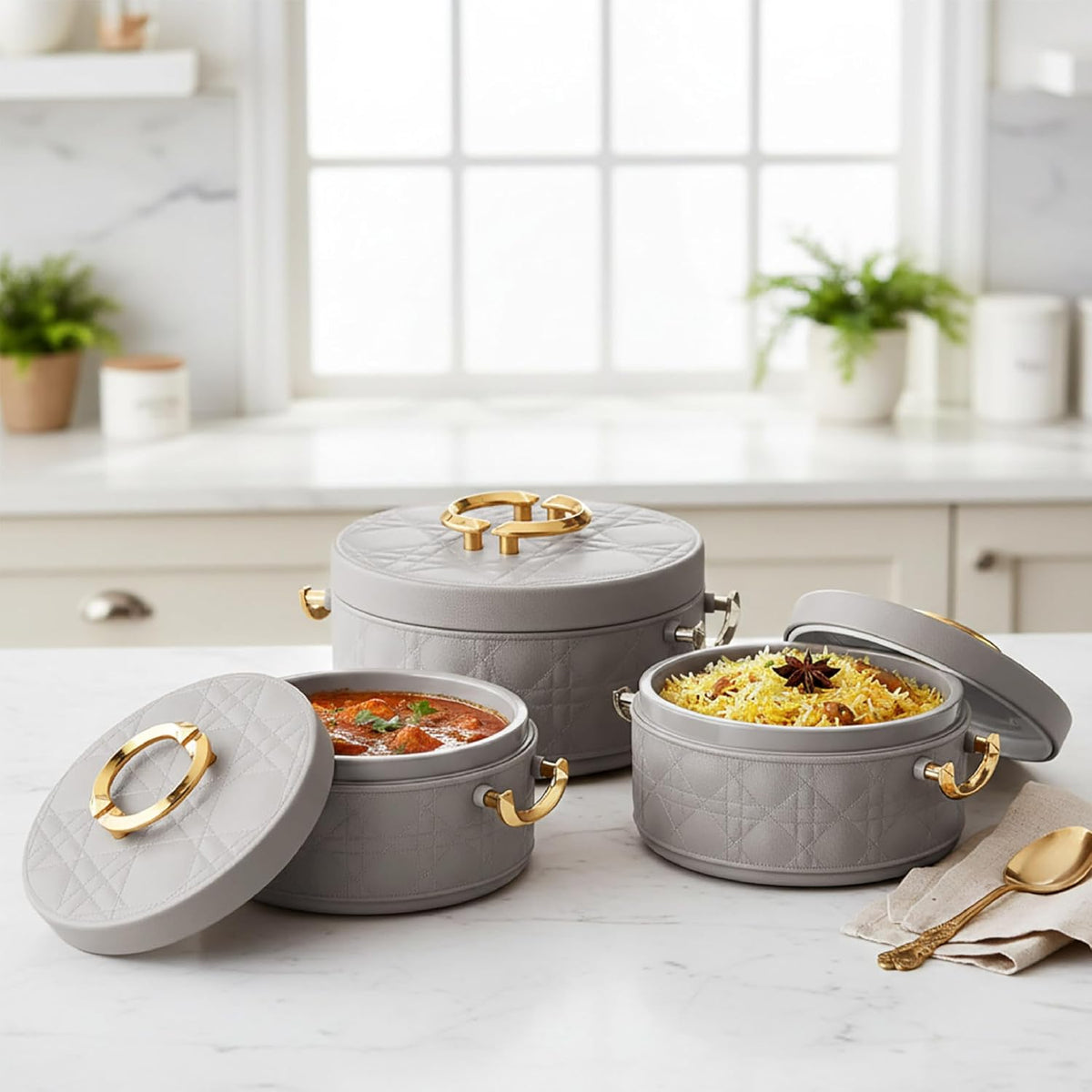 CELLO Ornetto Big Set of 3 Pcs Insulated Steel Casserole Hot Box for Kitchen, Grey (1500ml, 2000ml, 2500ml) |
