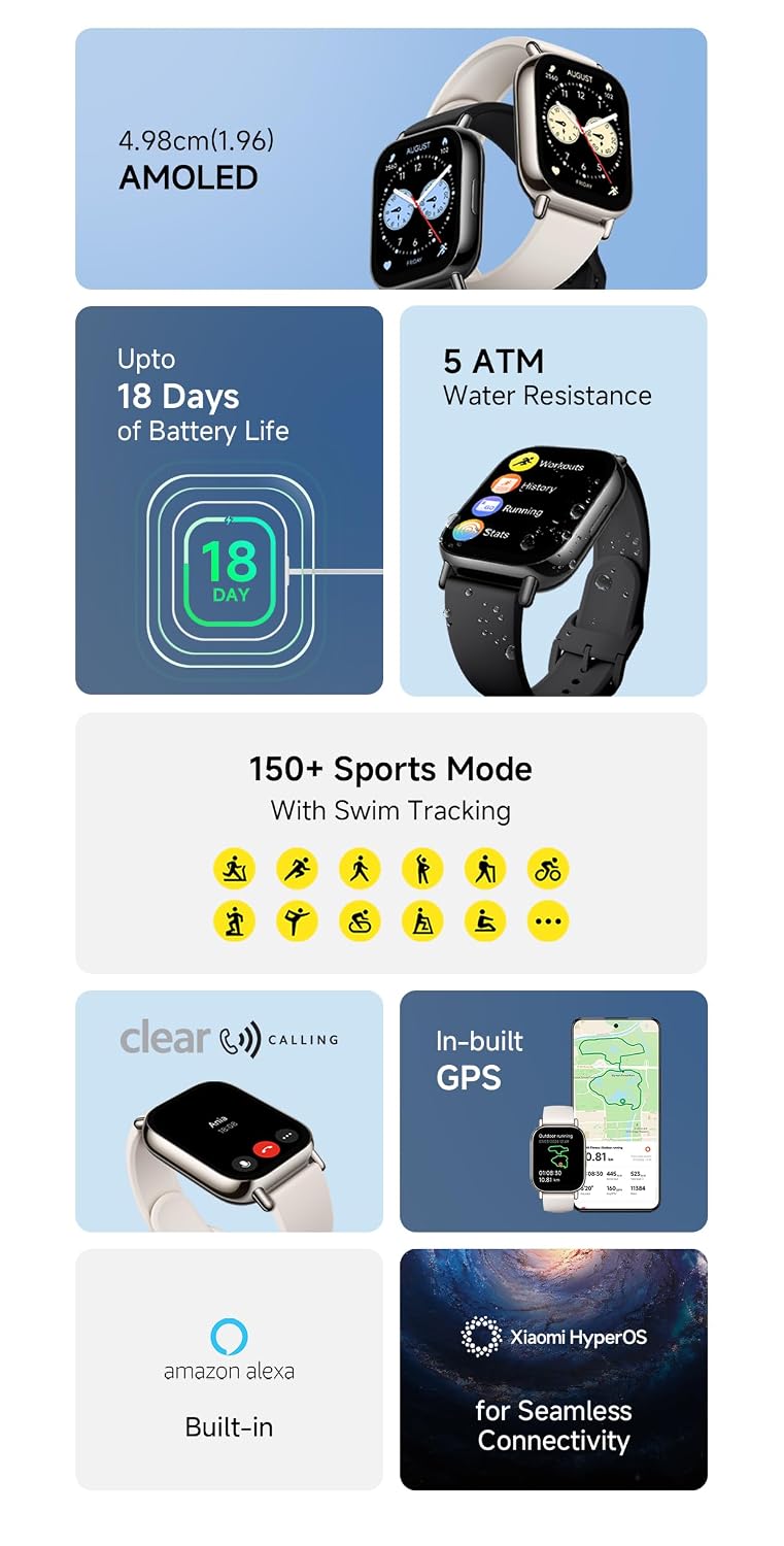 Redmi Watch 5 Lite, 1.96" Amoled, Advanced in-Built GPS, 5 ATM, 18 Day Battery, Bluetooth Calling with AI Noise Reduction, Always on Display, Light Gold