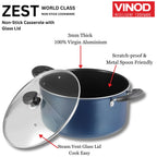 Vinod Zest Aluminium Non Stick Saucepot with Glass Lid - 4.2 Litre, 22 cm | 3 mm Extra Thick | Swiss Quality | 3 Layer Coating | Metal Spoon Friendly - 1 Year Warranty