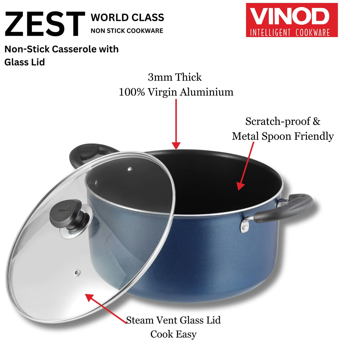 Vinod Zest Aluminium Non Stick Saucepot with Glass Lid - 4.2 Litre, 22 cm | 3 mm Extra Thick | Swiss Quality | 3 Layer Coating | Metal Spoon Friendly - 1 Year Warranty