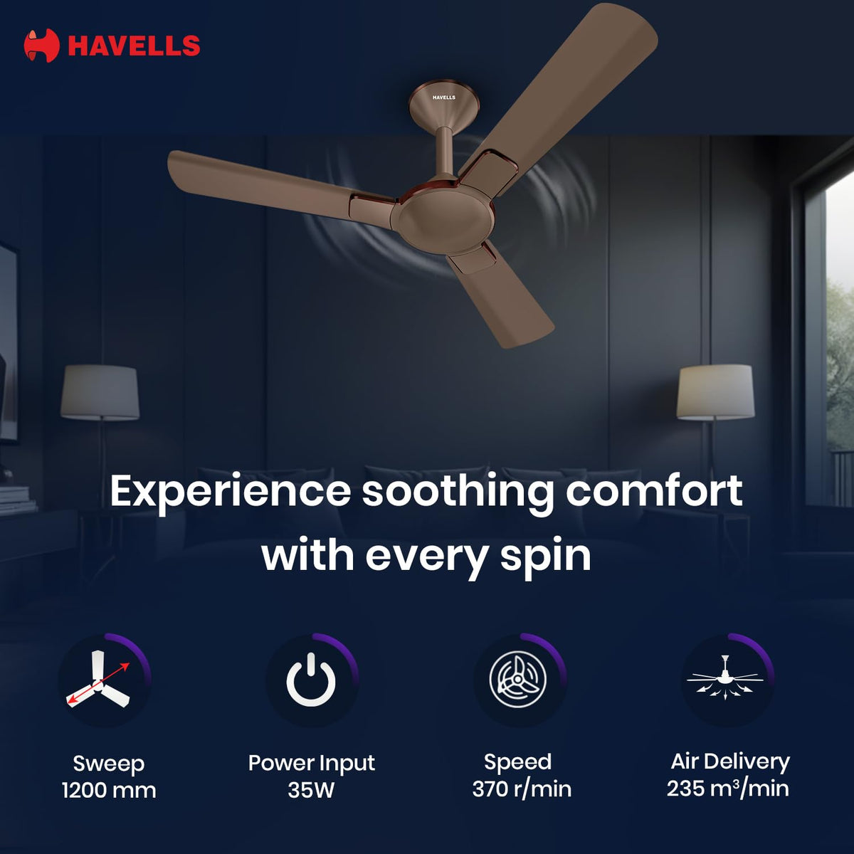 Havells 1200mm Enticer BLDC Prime Ceiling Fan| Compatible with Regulator & Remote| Upto 55% Energy Saving|