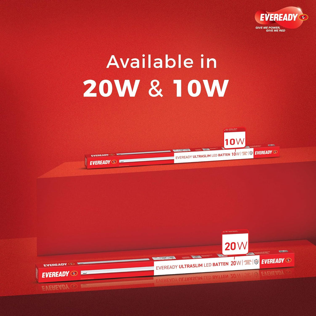 EVEREADY Ultraslim 10W LED Batten, Cool Day Light (6500K), Stylish, Energy-Efficient & Durable Lighting Solution, Pack of 2