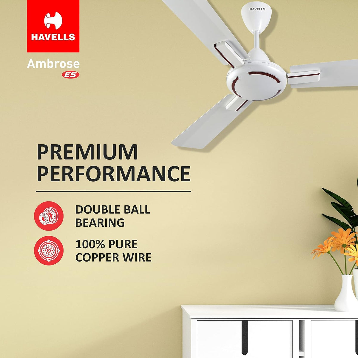 Havells 1200mm Ambrose Energy Saving High Speed Ceiling Fan| 2 Yr Warranty by Brand | (Pack of 2,...