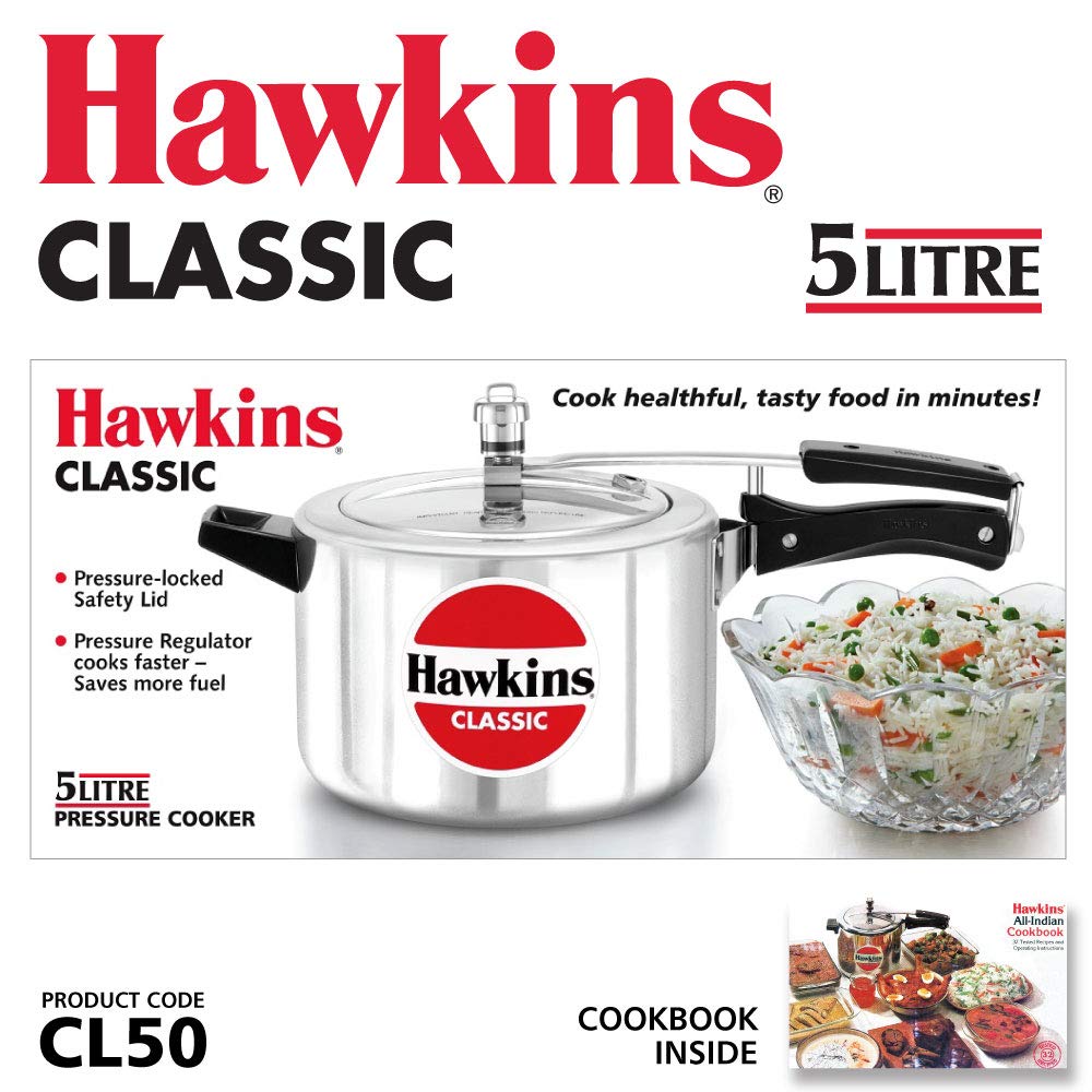 Hawkins Classic 5 Litre Pressure Cooker | Straight Body | Gas Compatible | Ideal for 5–7 persons | ISI Certified | 5 Year Guarantee | Silver (CL50)