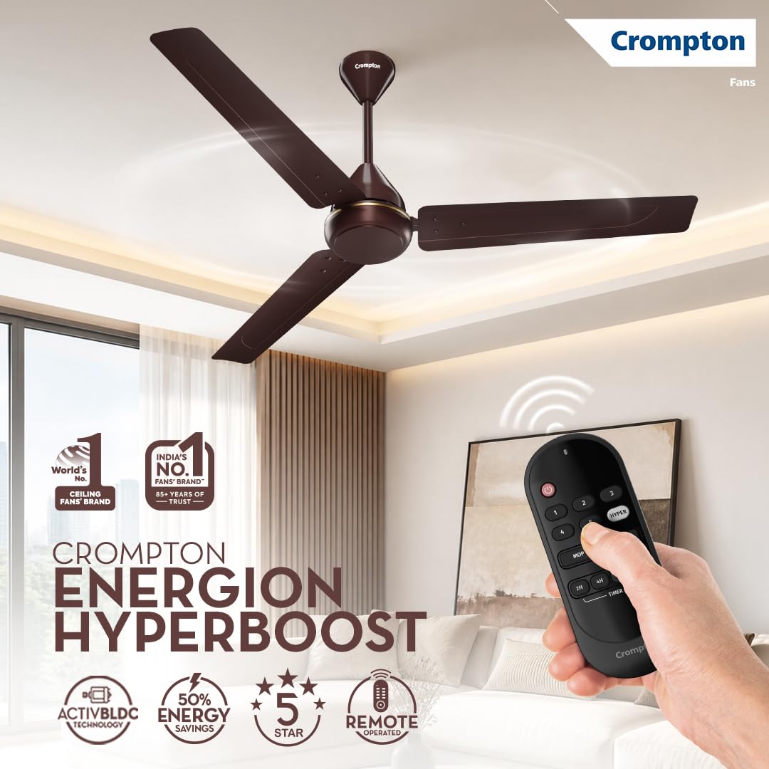 Crompton Energion Hyperboost 1200mm BLDC Ceiling Fan | Point Anywhere Remote Control | BEE 5 Star Rated Energy Efficient | Superior Air Delivery | Smoked Brown 2 Year...