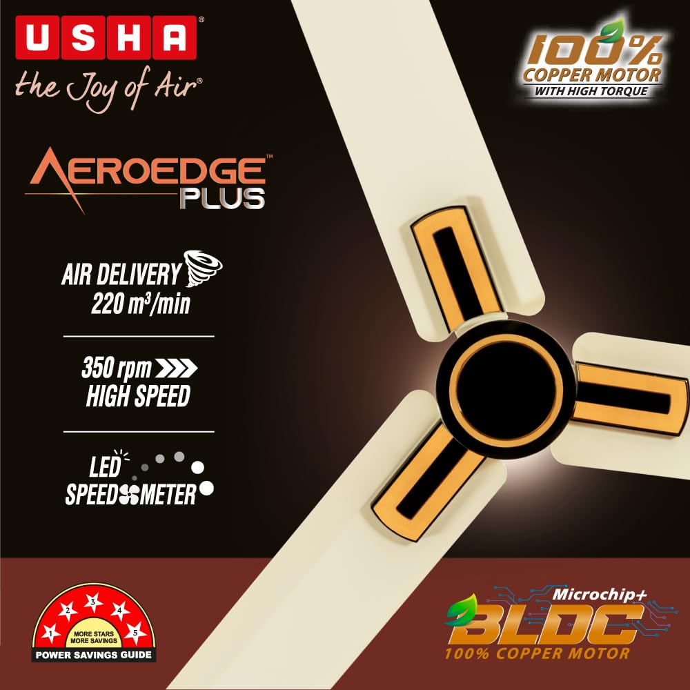 USHA AeroEdge Plus 1200mm BLDC Ceiling Fan with IR Remote | LED Indicator | BEE 5 Star Rated Energy Efficient |100% Copper Motor|High Air Delivery..