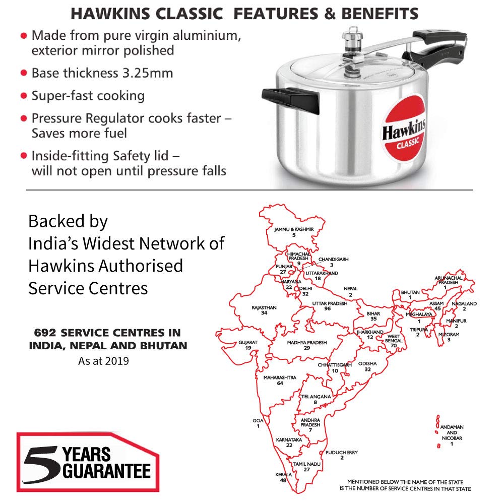 Hawkins Classic 5 Litre Pressure Cooker | Straight Body | Gas Compatible | Ideal for 5–7 persons | ISI Certified | 5 Year Guarantee | Silver (CL50)