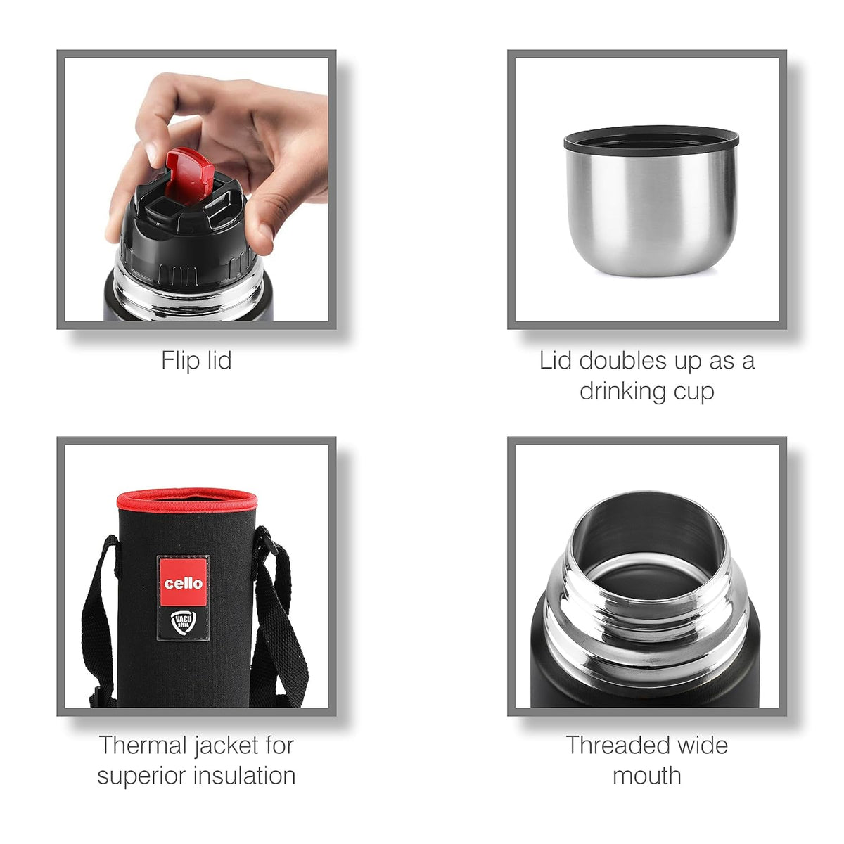 CELLO Duro Flip Stainless Steel Hot & Cold Flip Lid Flask with Jacket 1000 ml Black | Double Wall Vacuum Insulated Rust & Scratch Resistant Leakproof Thermosteel Flask Water Bottle For Office & Travel
