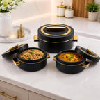 CELLO Satin Insulated Casserole Hot Pot Box Set of 3 Pcs (500ml, 1000ml, 1500ml) Black |