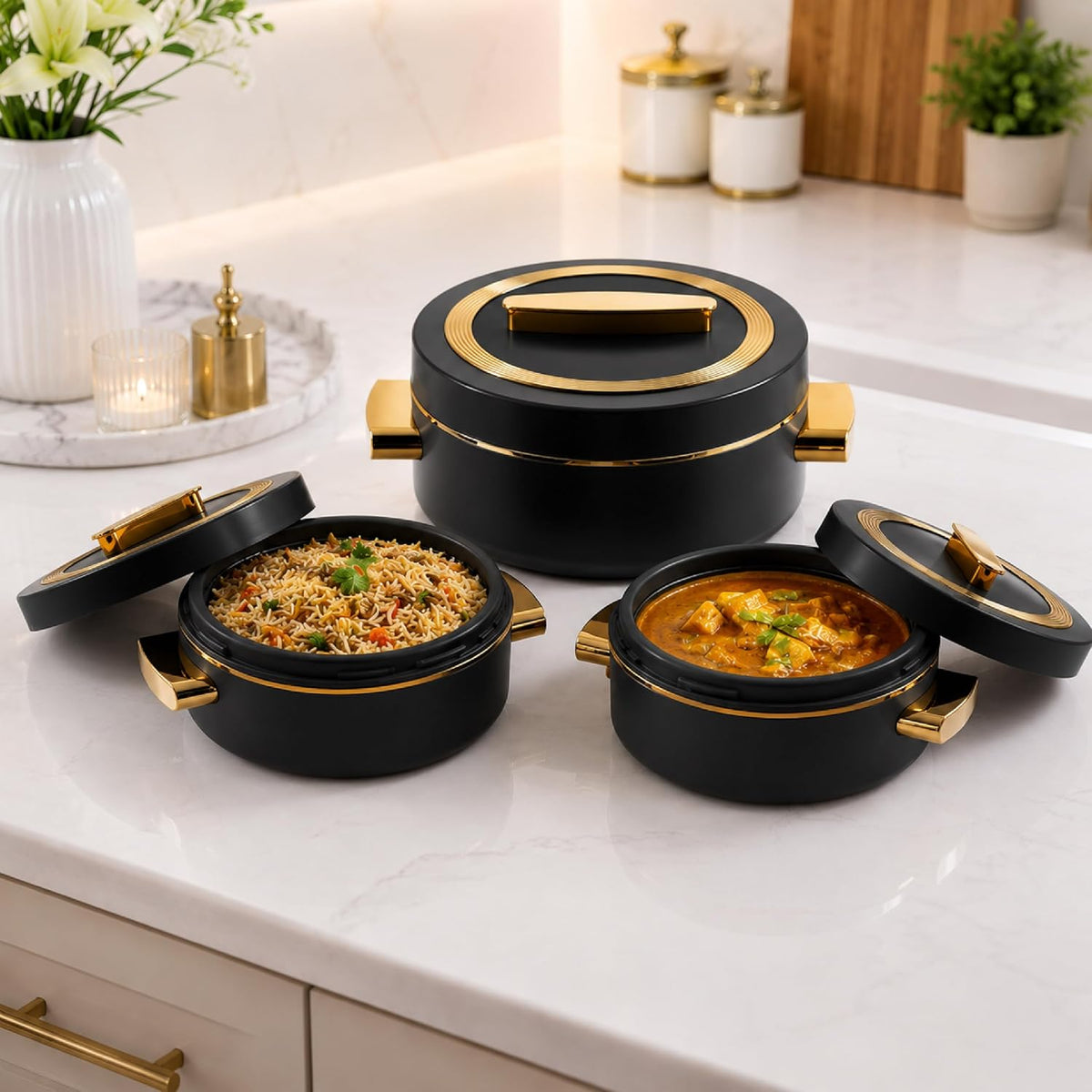 CELLO Satin Insulated Casserole Hot Pot Box Set of 3 Pcs (500ml, 1000ml, 1500ml) Black |
