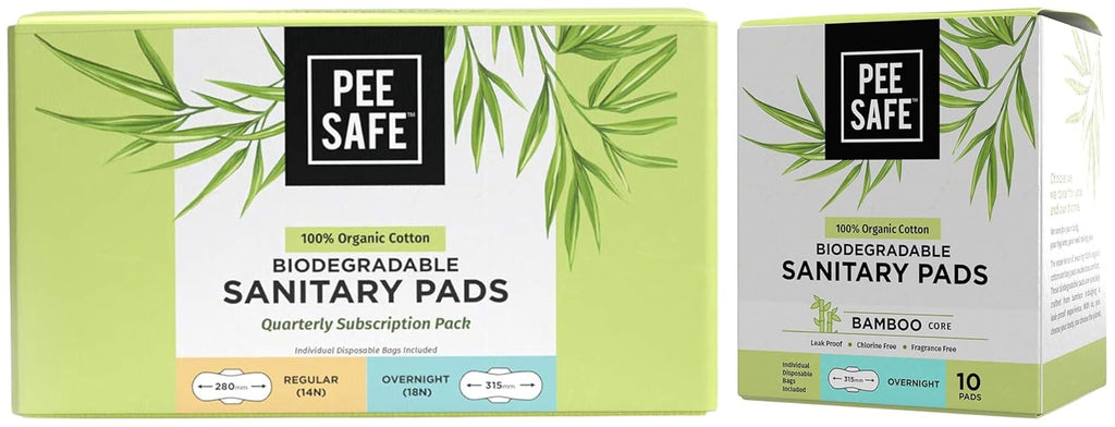 Pee Safe Organic Cotton Biodegradable Sanitary Pads – 14 Regular + 18 Overnight Pads Quarterly Pack and 10 Overnight Pads Pack – Anti-Bacterial, Absorbent,...