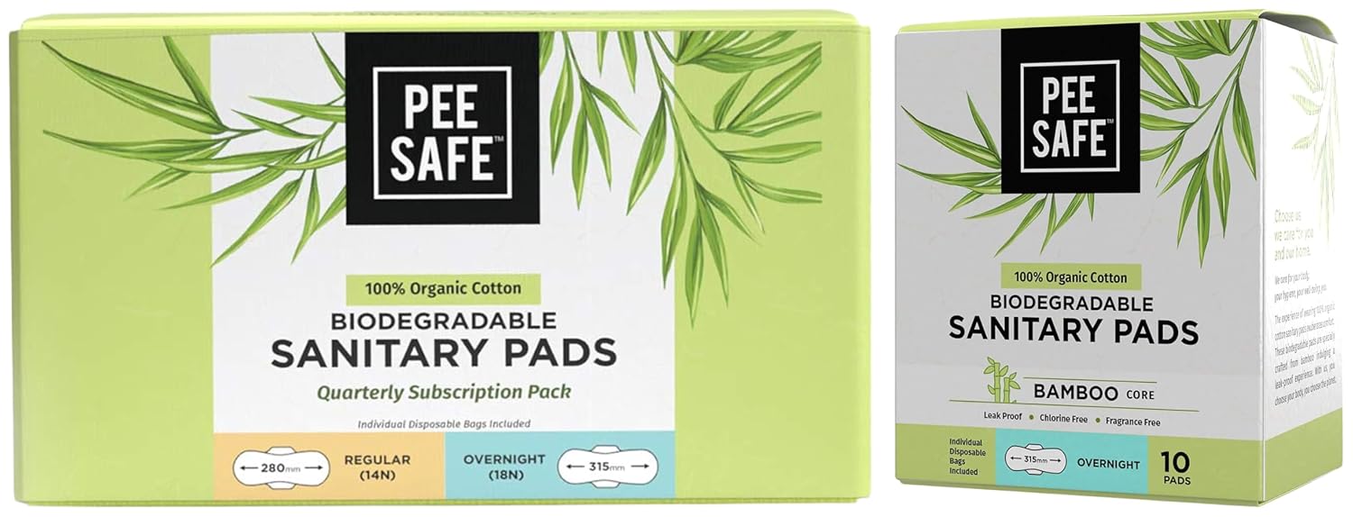 Pee Safe Organic Cotton Biodegradable Sanitary Pads – 14 Regular + 18 Overnight Pads Quarterly Pack and 10 Overnight Pads Pack – Anti-Bacterial, Absorbent,...