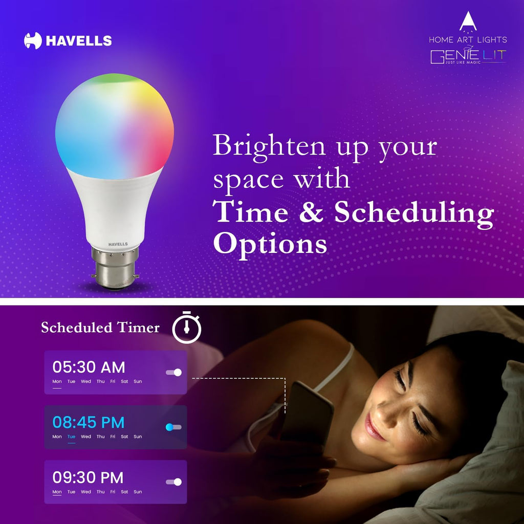 Havells Glamax 12W B22 WiFi LED Smart Bulb with Music Sync Function, Compatible with Amazon Alexa and Google Assistant (16M Colours) (Pack of 2)