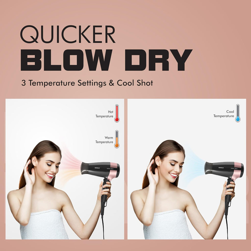 Havells 1200W Foldable Hair Dryer; 3 Heat Settings With Cool Shot (Hot/Cool/Warm),Heat Balance Technology|Cool Black|Your Perfect Blow Dry Companion For...