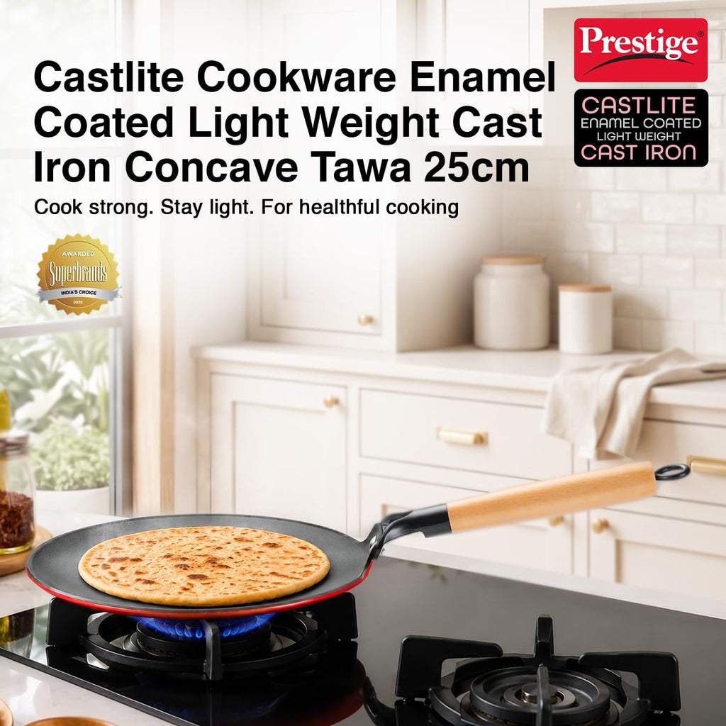 Prestige Castlite Enamel Coated Lightweight Cast Iron Concave Tawa 25cm | High Heat Retention, Rust-Proof | Gas & Induction Compatible |
