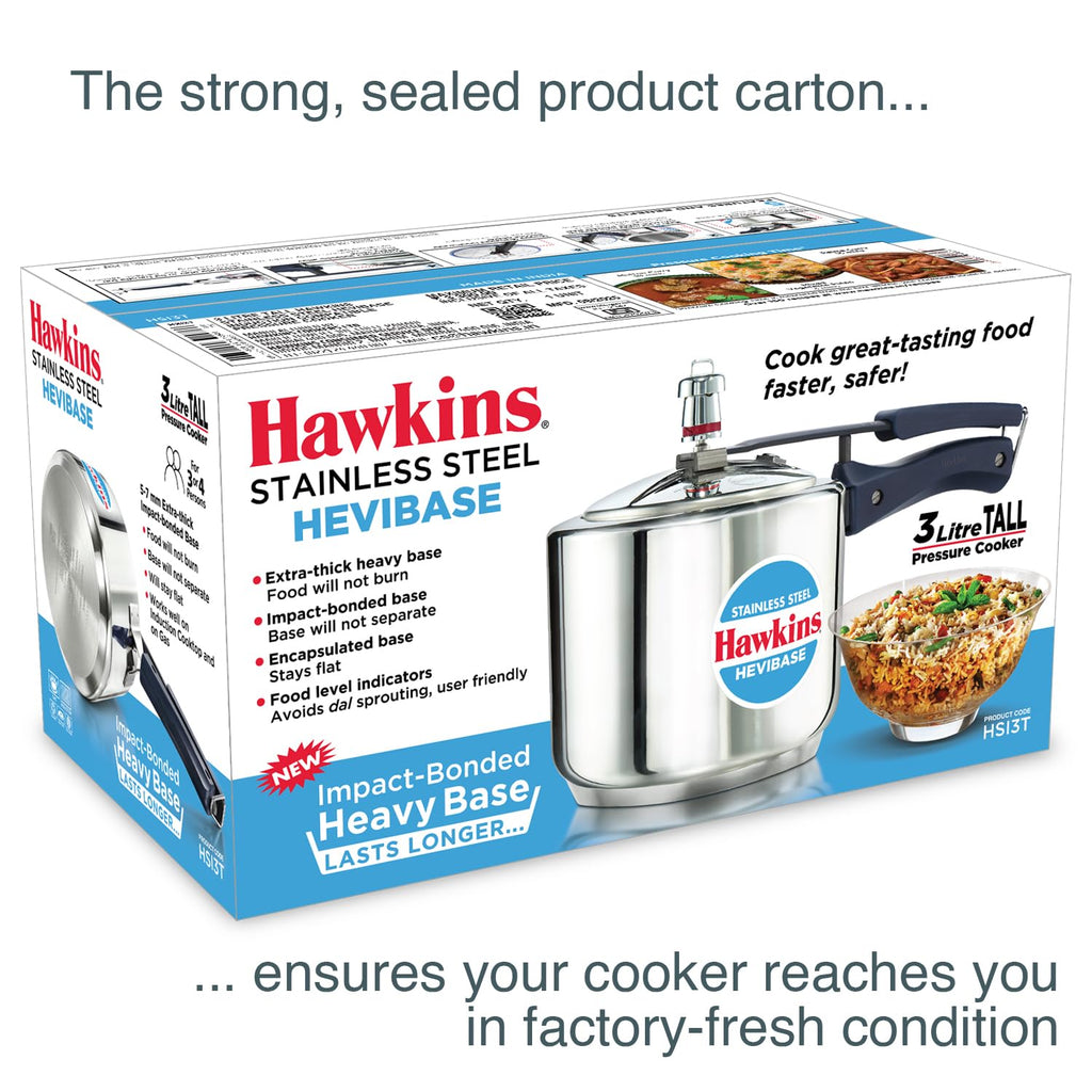 Hawkins 3 Litre Pressure Cooker | Stainless Steel | Hevibase | Straight Body | Tall Design | Induction Safe | Ideal for 3–4 persons | Silver...