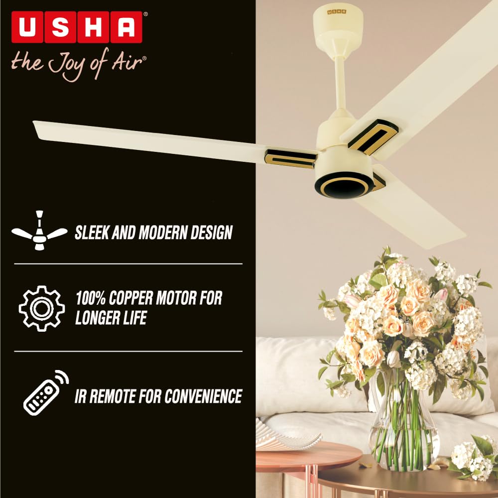 USHA AeroEdge Plus 1200mm BLDC Ceiling Fan with IR Remote | LED Indicator | BEE 5 Star Rated Energy Efficient |100% Copper Motor|High Air Delivery..