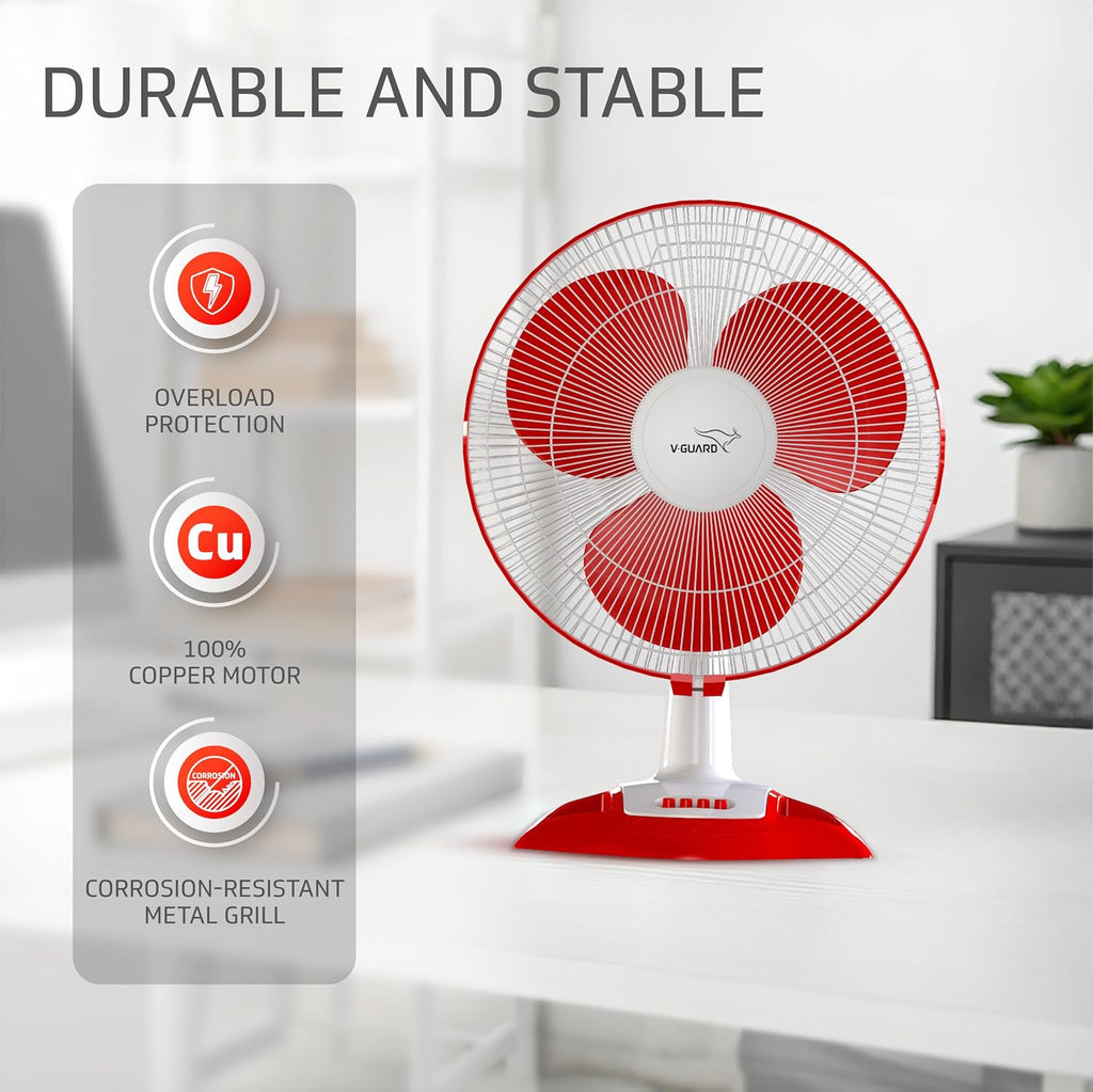 V-Guard Esfera Table Fan | 3 Speed Settings | 1350 RPM Powerful Motor | Corrosion Resistant Powder-Coated Metal Guards | White Red | 40cm (400mm)