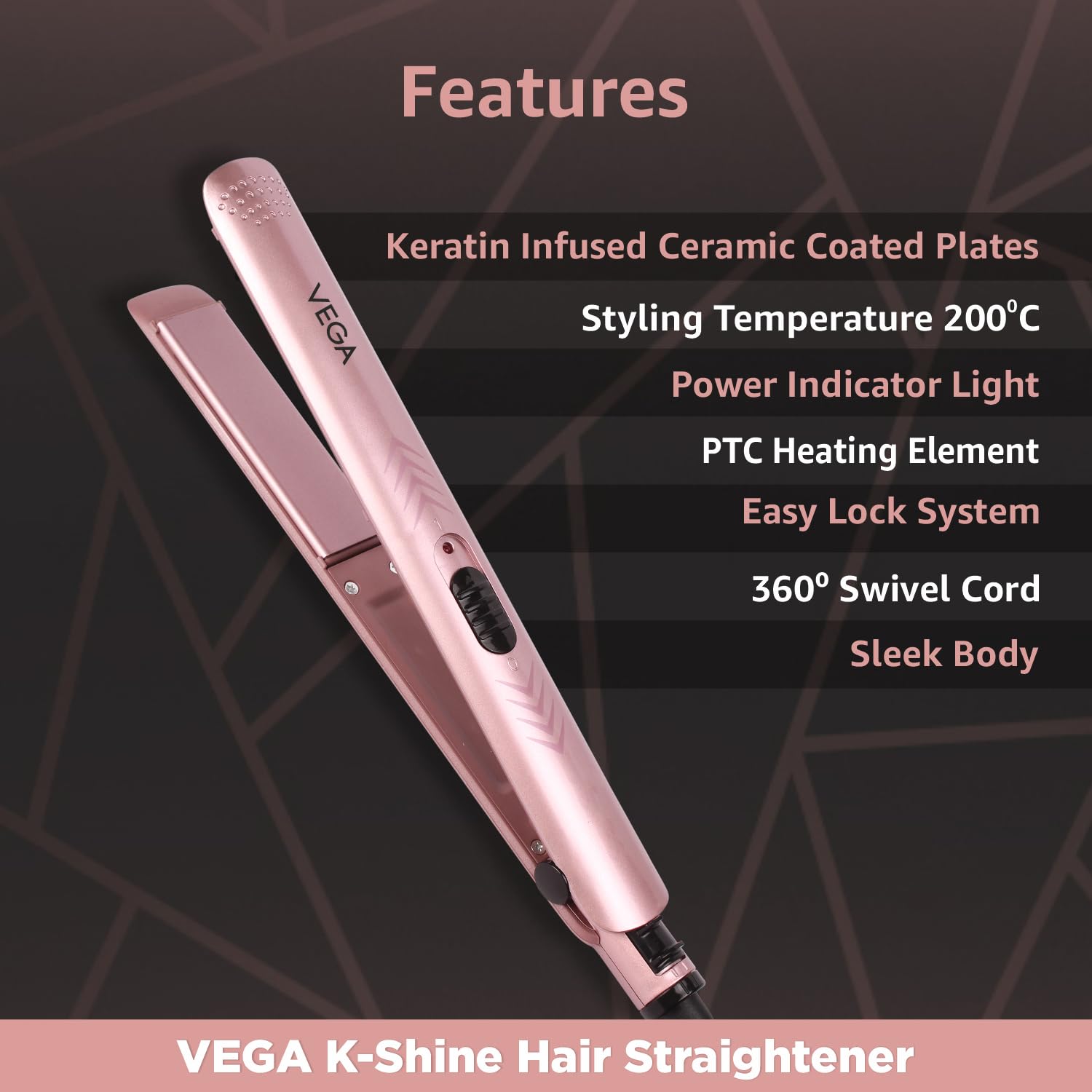 VEGA VHSH-28 K-Shine Hair Straightener with Keratin Infused Plates (Ananya Panday Signature Collection)
