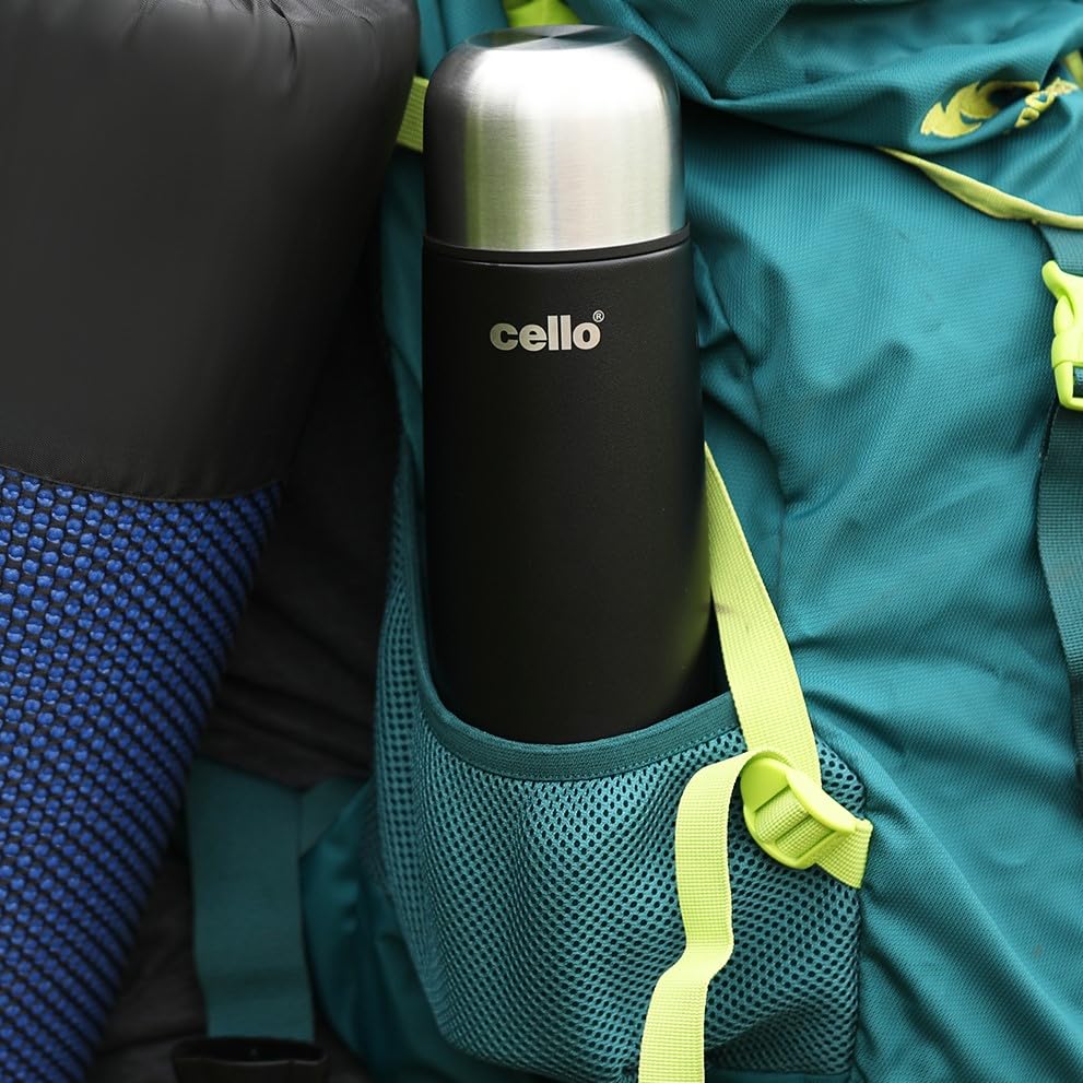 CELLO Duro Flip Stainless Steel Hot & Cold Flip Lid Flask with Jacket 1000 ml Black | Double Wall Vacuum Insulated Rust & Scratch Resistant Leakproof Thermosteel Flask Water Bottle For Office & Travel