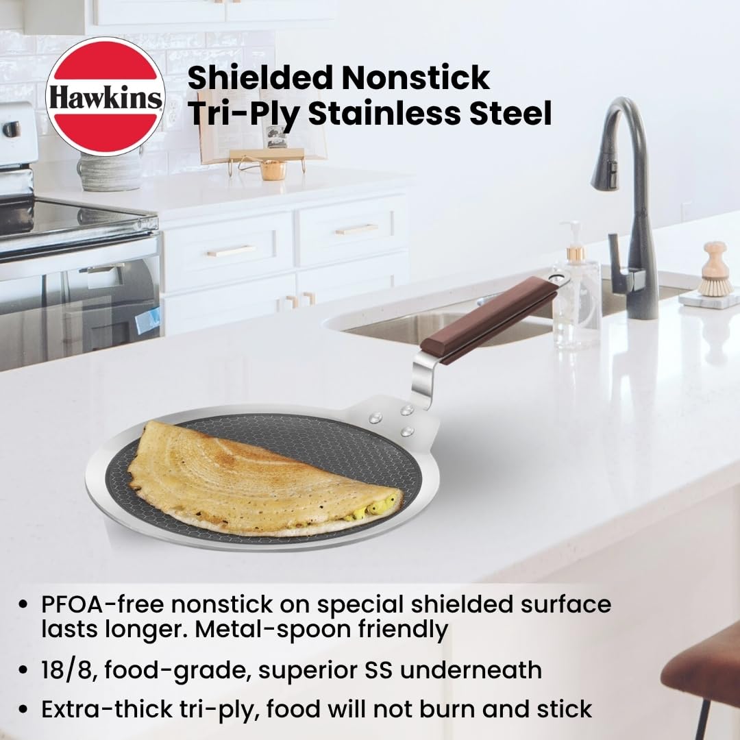 Hawkins 28 cm Dosa Tava, Triply Stainless Steel Shielded Nonstick Tawa with Rosewood Handle, Honeycomb Non Stick Induction Tawa, Silver (NSDT28)
