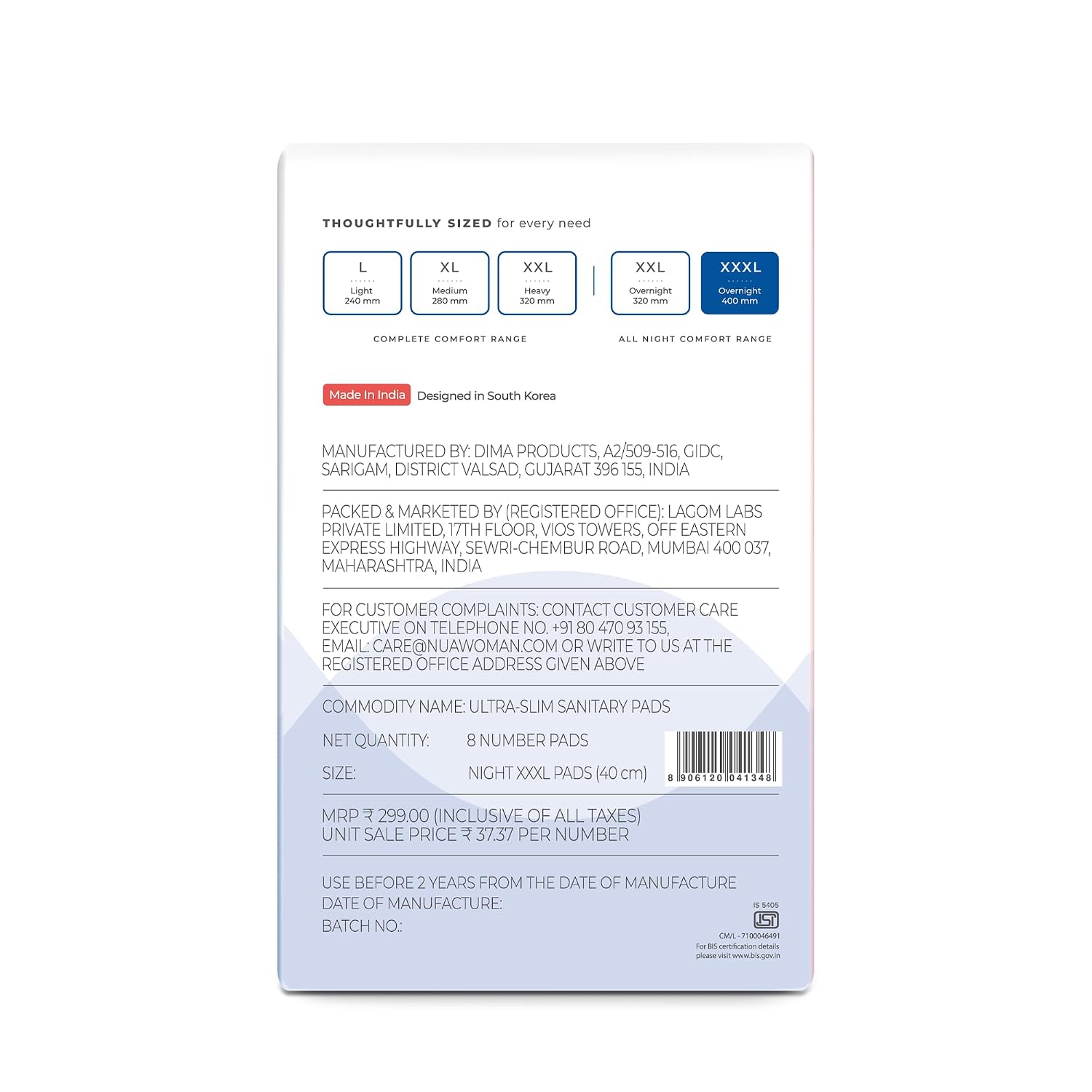 Nua All Night Comfort Sanitary Pads | Pack of 8 (XXXL 400mm)