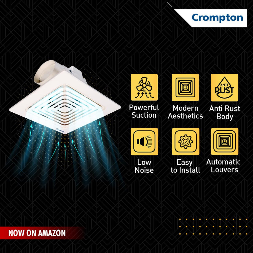 Crompton Brisk Air CM 110 mm(4 inch) Office/Kitchen/Bathroom Exhaust (Ventilation) Fan | Automatic Louvers | Glass,Wall & Ceiling Mount | Low Noise | 75 CMH Powerful Suction | 2 Year Warranty | White