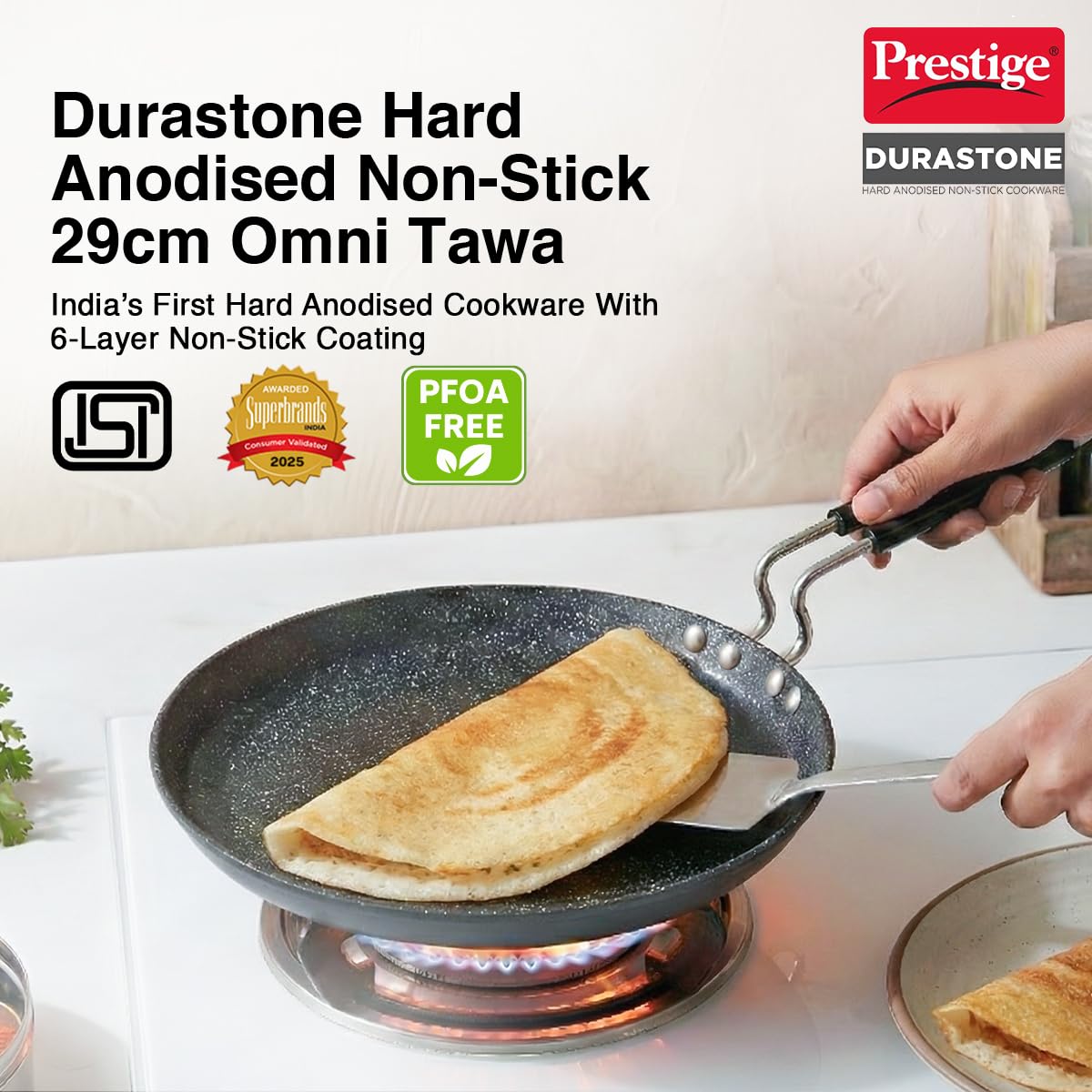 Prestige Durastone Hard Anodised Non-Stick Omni tawa(29 cm)|6 Layers Extra Durable Stone Coating|