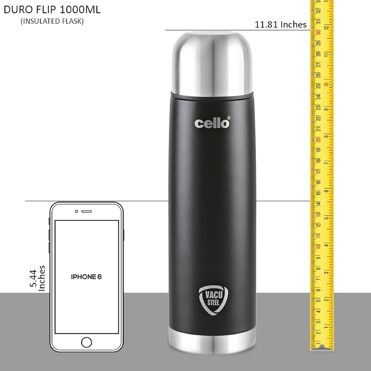 CELLO Duro Flip Stainless Steel Hot & Cold Flip Lid Flask with Jacket 1000 ml Black | Double Wall Vacuum Insulated Rust & Scratch Resistant Leakproof Thermosteel Flask Water Bottle For Office & Travel