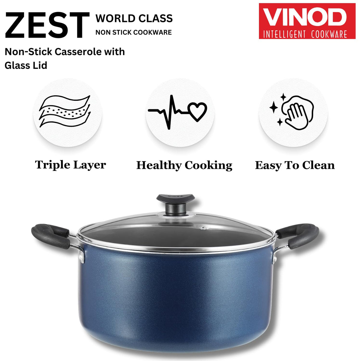 Vinod Zest Aluminium Non Stick Saucepot with Glass Lid - 4.2 Litre, 22 cm | 3 mm Extra Thick | Swiss Quality | 3 Layer Coating | Metal Spoon Friendly - 1 Year Warranty