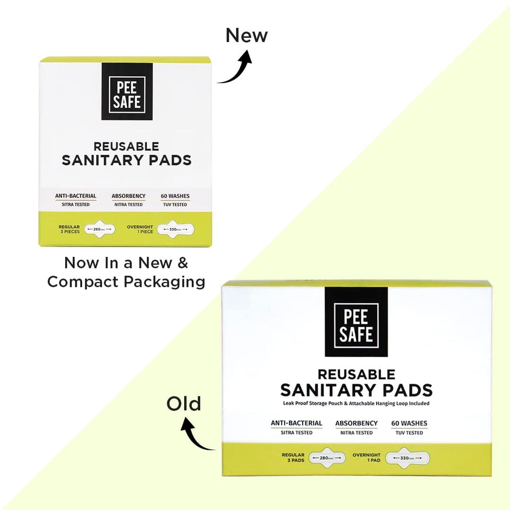 PEESAFE Reusable Sanitary Pads | (3 Regular Pads + 1 Overnight Pad + 1 Leak Proof Pouch) | Lasts Up To 1 Year | Highly Absorbent & Skin Friendly, Pack of 4