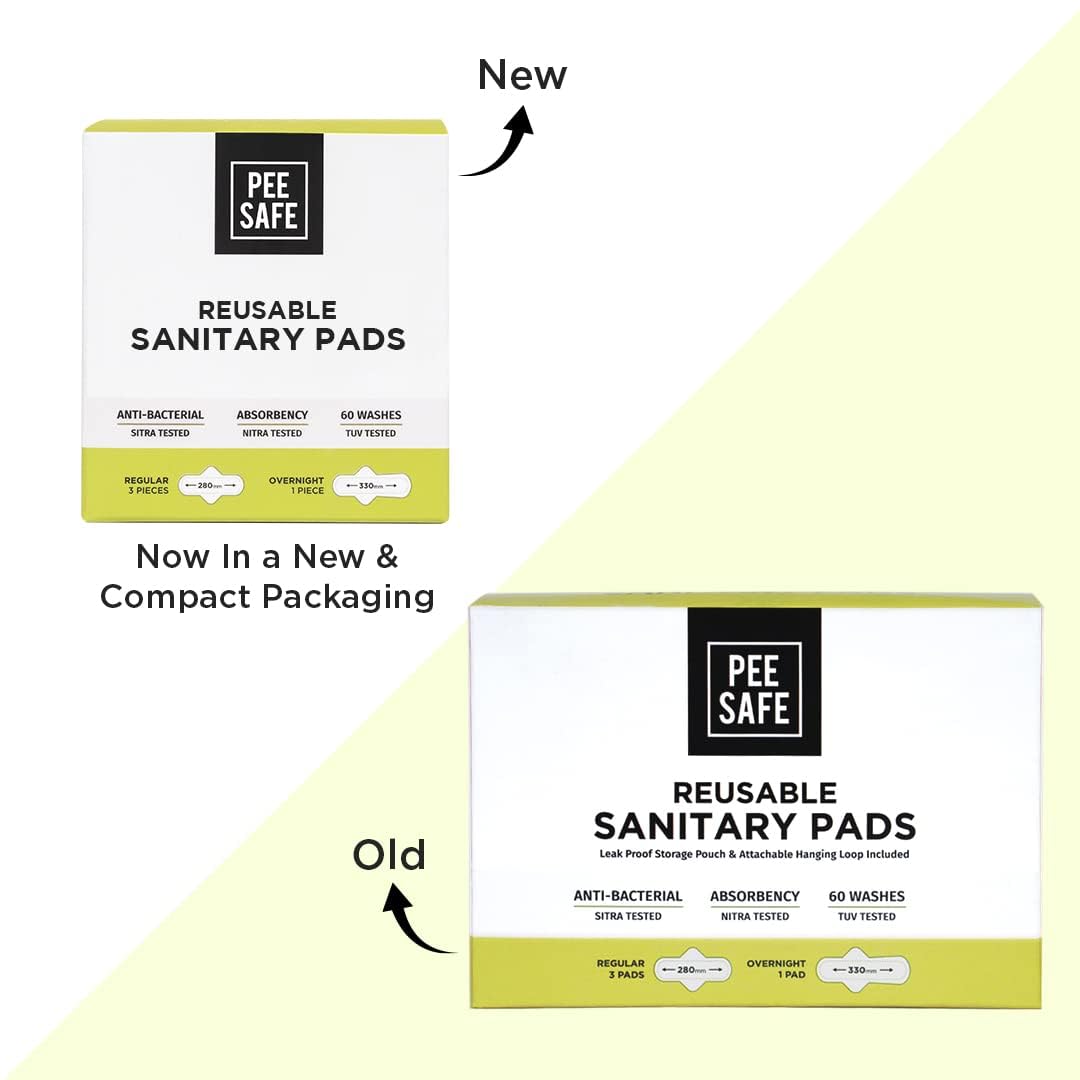 PEESAFE Reusable Sanitary Pads | (3 Regular Pads + 1 Overnight Pad + 1 Leak Proof Pouch) | Lasts Up To 1 Year | Highly Absorbent & Skin Friendly, Pack of 4