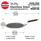 Hawkins 28 cm Dosa Tava, Triply Stainless Steel Shielded Nonstick Tawa with Rosewood Handle, Honeycomb Non Stick Induction Tawa, Silver (NSDT28)