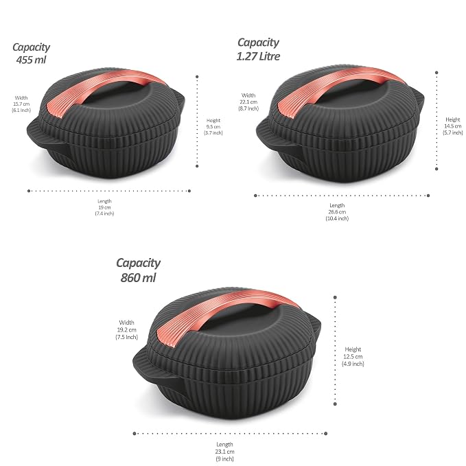 MILTON plastic Oyster Jr. Gift Set PU Insulated Casserole, Set of 3 (455 ml, 860 ml, 1275 ml), Black