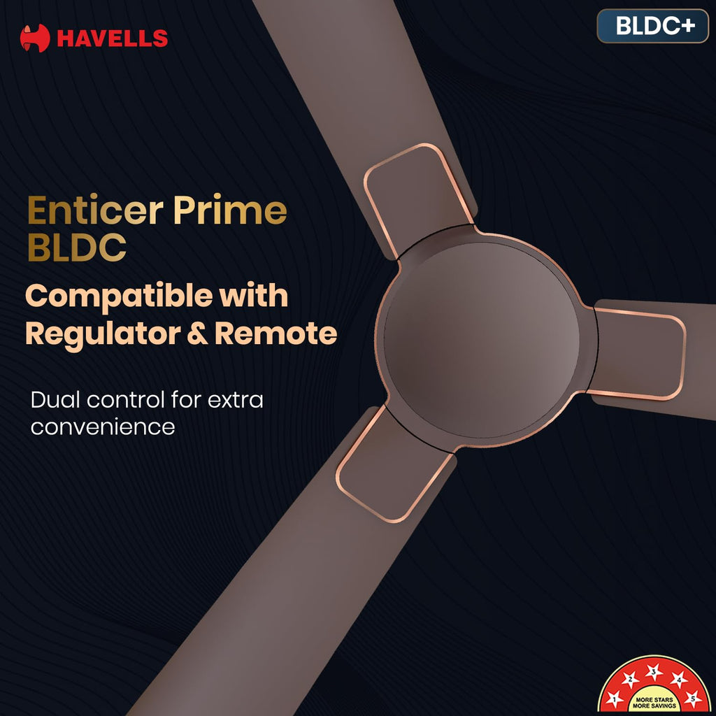 Havells 1200mm Enticer BLDC Prime Ceiling Fan| Compatible with Regulator & Remote| Upto 55% Energy Saving|