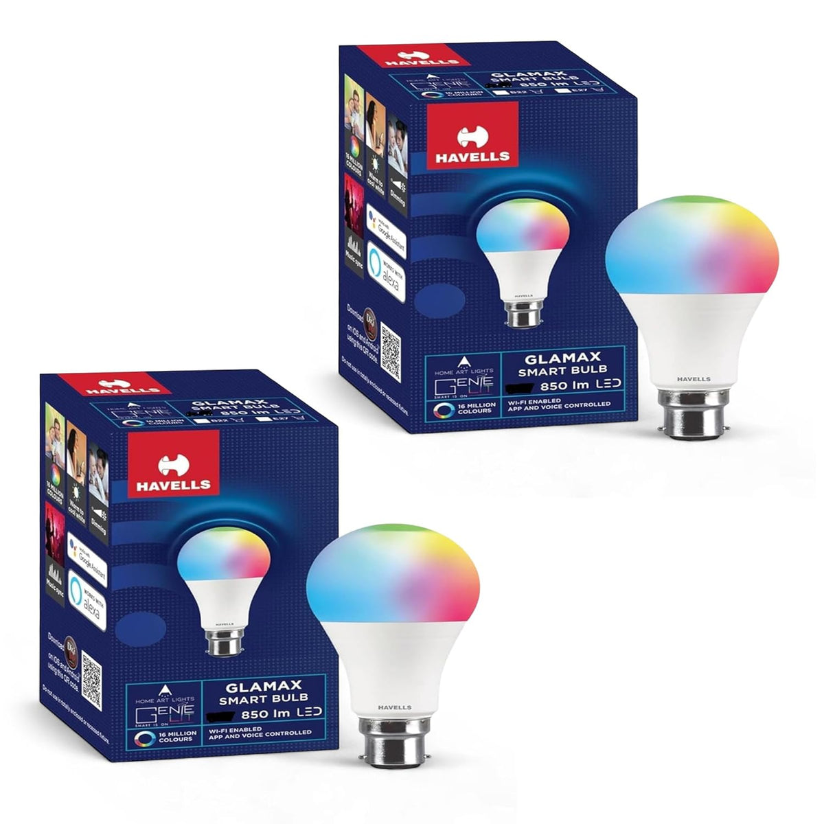 Havells Glamax 12W B22 WiFi LED Smart Bulb with Music Sync Function, Compatible with Amazon Alexa and Google Assistant (16M Colours) (Pack of 2)