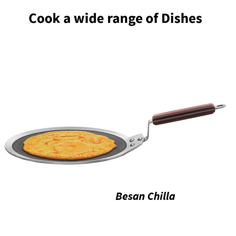 Hawkins 28 cm Dosa Tava, Triply Stainless Steel Shielded Nonstick Tawa with Rosewood Handle, Honeycomb Non Stick Induction Tawa, Silver (NSDT28)