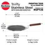 Hawkins 26 cm Paratha Tava, Triply Stainless Steel Shielded Nonstick Tawa with Rosewood Handle, Honeycomb Non Stick Induction Tawa, Silver (NSPT26)