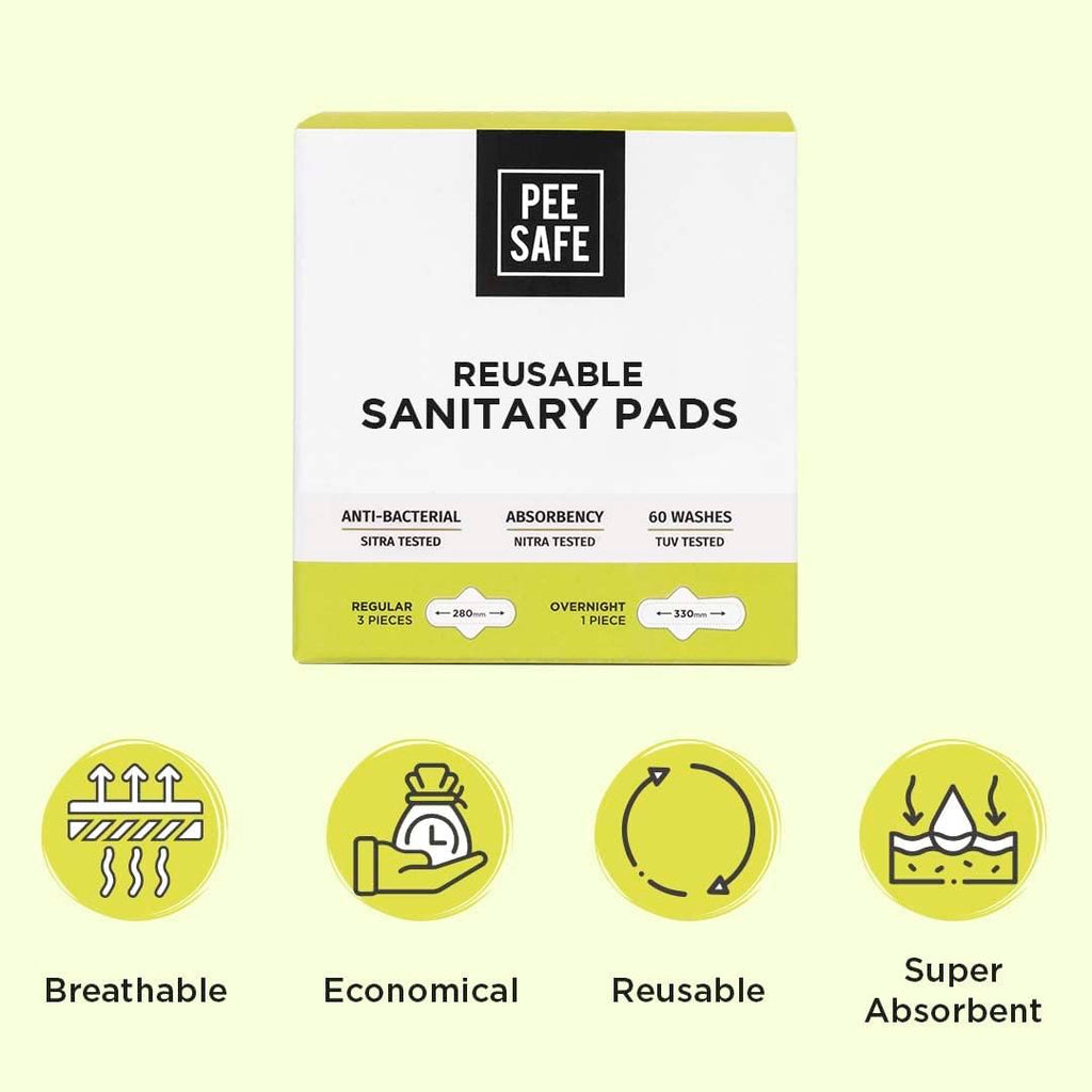 PEESAFE Reusable Sanitary Pads | (3 Regular Pads + 1 Overnight Pad + 1 Leak Proof Pouch) | Lasts Up To 1 Year | Highly Absorbent & Skin Friendly, Pack of 4