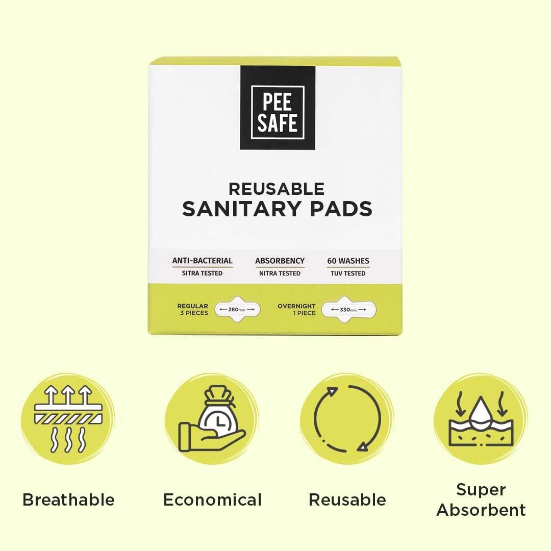 PEESAFE Reusable Sanitary Pads | (3 Regular Pads + 1 Overnight Pad + 1 Leak Proof Pouch) | Lasts Up To 1 Year | Highly Absorbent & Skin Friendly, Pack of 4