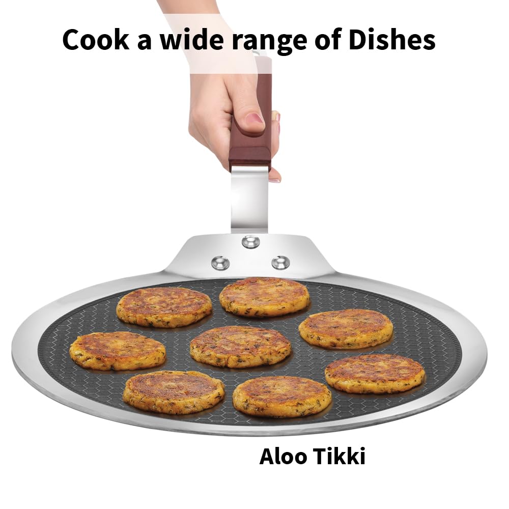 Hawkins 28 cm Dosa Tava, Triply Stainless Steel Shielded Nonstick Tawa with Rosewood Handle, Honeycomb Non Stick Induction Tawa, Silver (NSDT28)